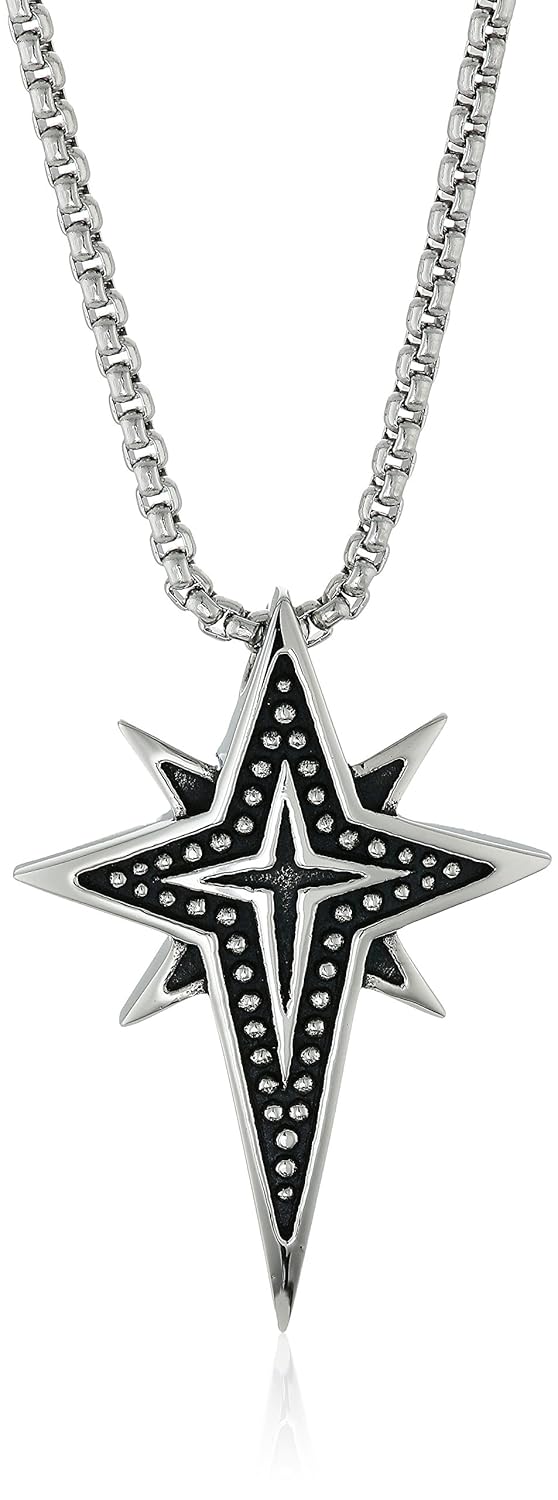 男式不锈钢星星十字架黑色离子镀 on cm 圆形盒子链吊坠项链